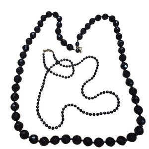 Art Deco Jet Black Glass Bead Graduated Necklace Vintage Pair Gothic Classic LUX